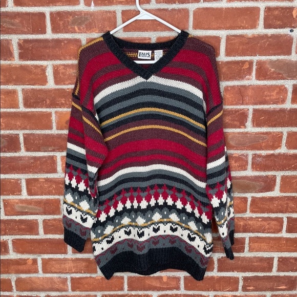 Vintage 90s chunky knit oversized patterned print V-neck sweater - Picture 4 of 6